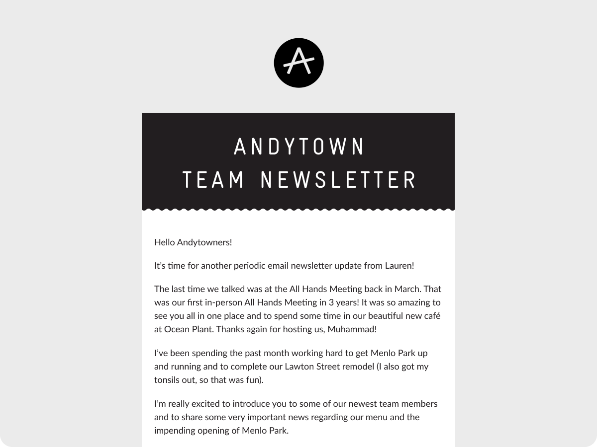 Screenshot of a newly designed Andytown Team Newsletter