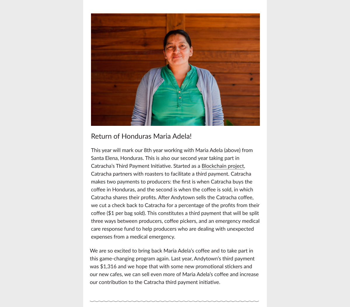 Part of Andytown Newsletter after redesign showing Maria Adela, a coffee farmer in Mexico